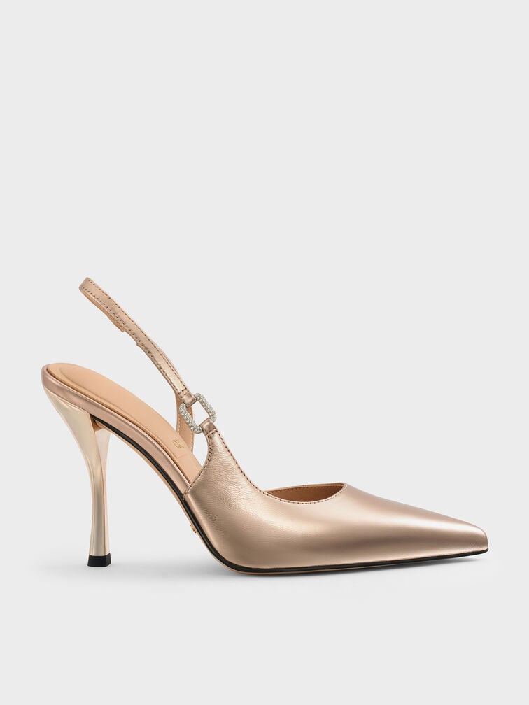 Metallic Leather Crystal-Buckle Slingback Pumps, Bronze, hi-res