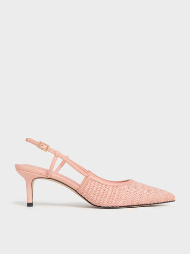 Raffia Pointed-Toe Slingback Pumps, Peach, hi-res