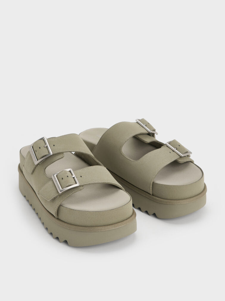 Buckled Double-Strap Flatform Sandals, Sage Green, hi-res