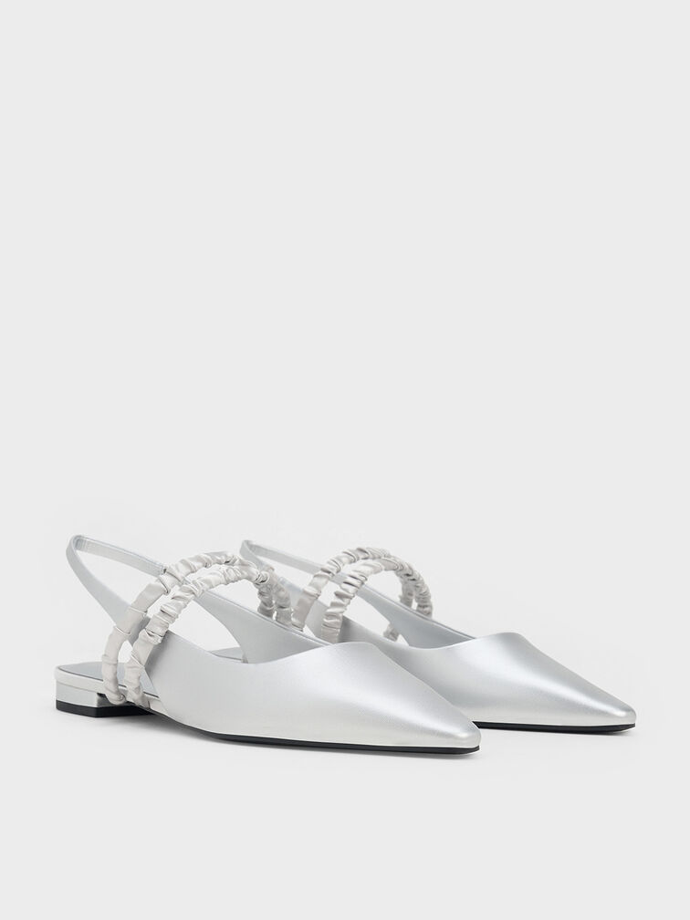 Recycled Polyester Ruched-Strap Mary Janes, Silver, hi-res