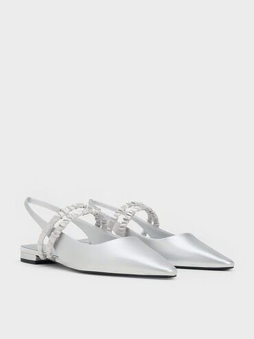 Recycled Polyester Ruched-Strap Mary Janes, Silver, hi-res