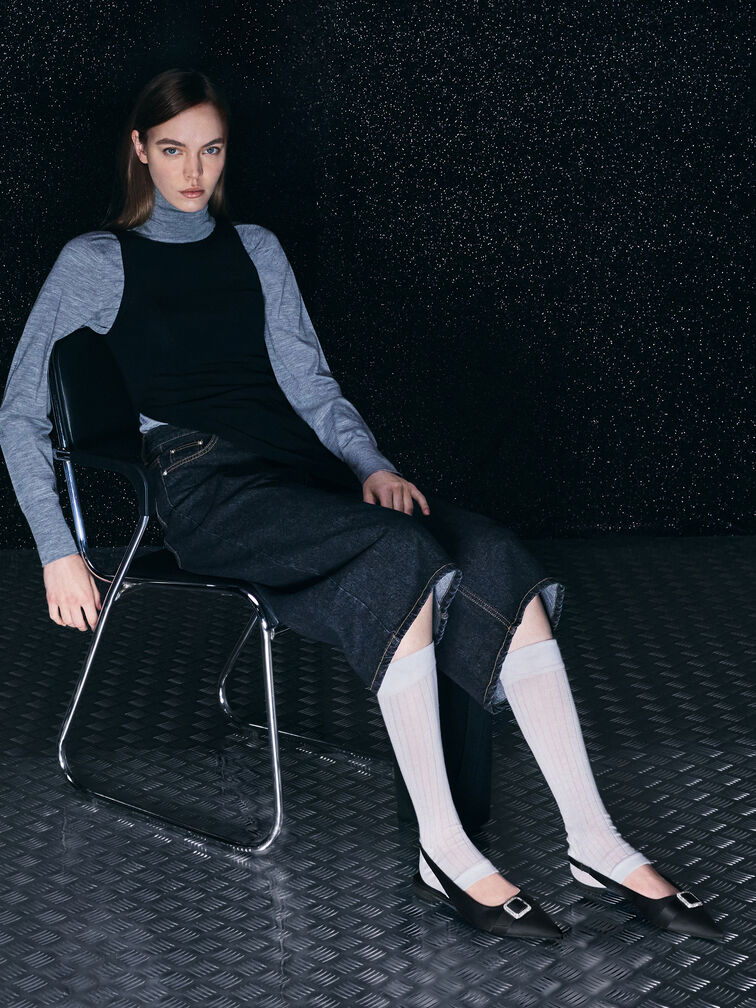 Satin Crystal-Buckle Pointed-Toe Slingback Flats, Black Textured, hi-res