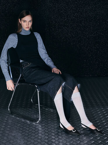 Satin Crystal-Buckle Pointed-Toe Slingback Flats, Black Textured, hi-res