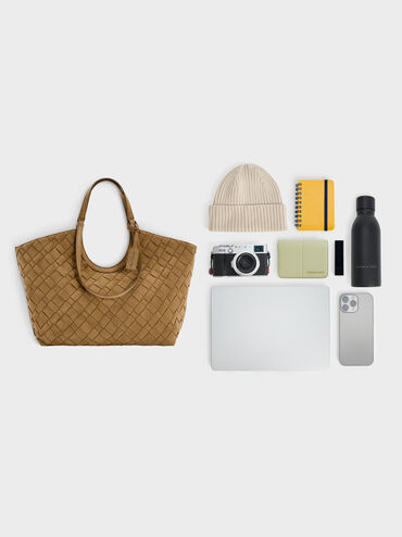 Ivette Recycled Suede Woven Tote Bag, Sahara Sand, hi-res