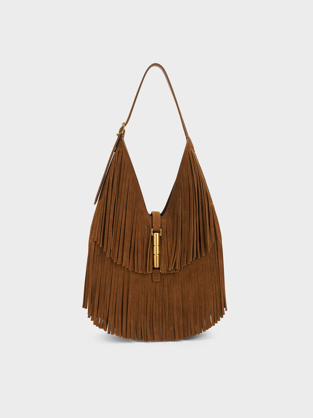 Cesia Fringed Hobo Bag, Sienna Brown, hi-res