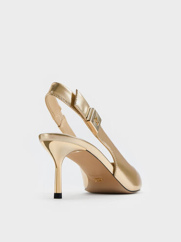 Cody Metallic Leather Pointed-Toe Kitten-Heel Slingback Pumps, Gold, hi-res