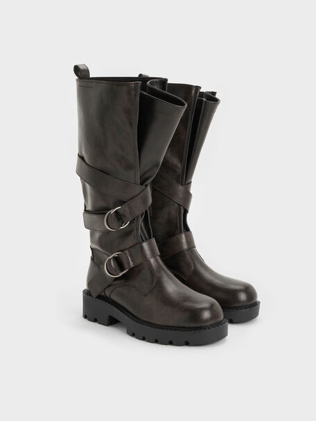 Double-Strap Knee-High Boots, Dark Brown, hi-res