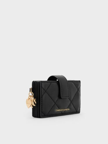 Arrietty Quilted Bow-Heart Charm Belted Card Holder, Black, hi-res