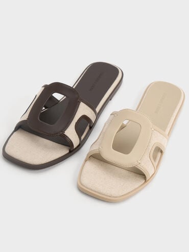 Easley Linen Cut-Out Slide Sandals, Dark Brown, hi-res