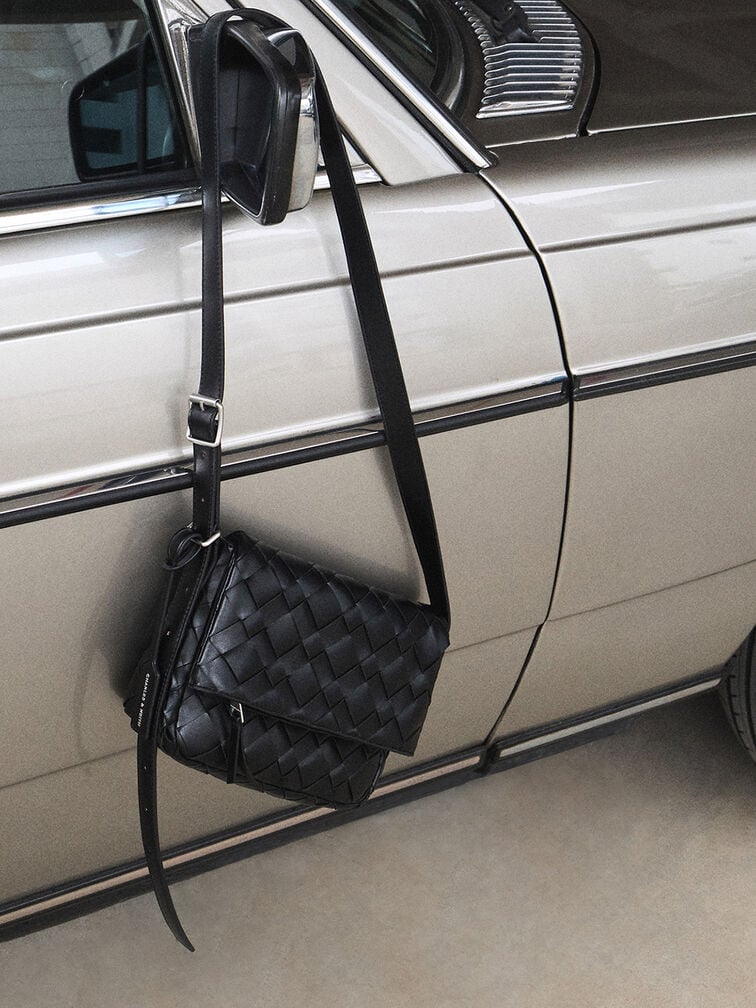 Ivette Woven Front Flap Crossbody Bag, Noir, hi-res