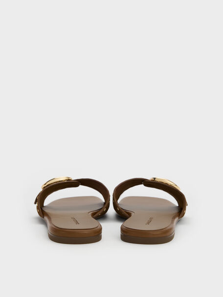 Studded Buckled Slide Sandals, Brown, hi-res