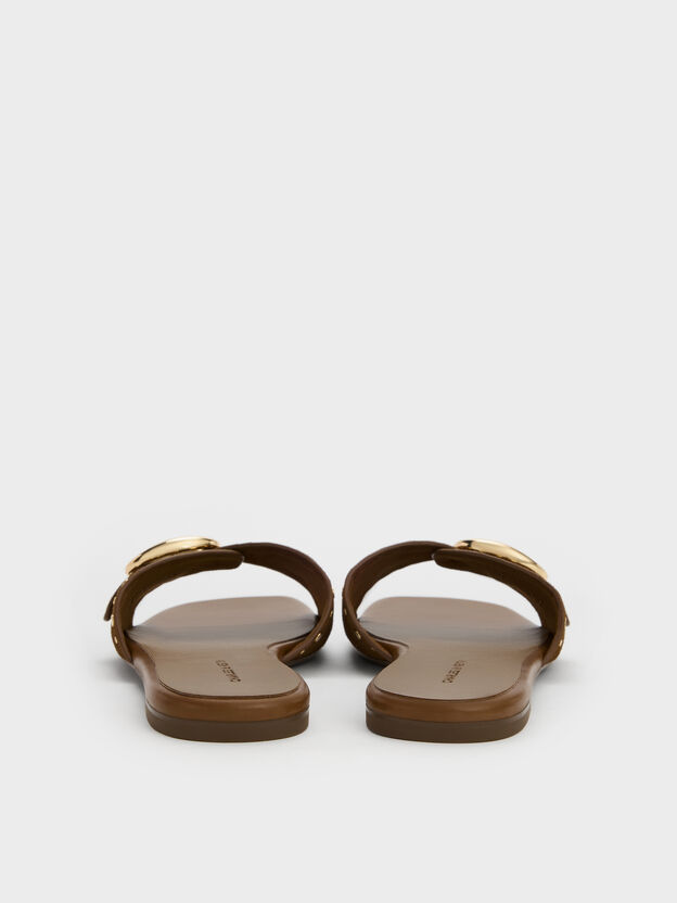 Studded Buckled Slide Sandals, Brown, hi-res