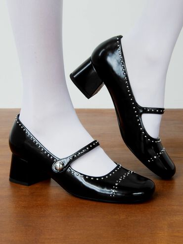 Studded Mary Jane Pumps, Black Box, hi-res