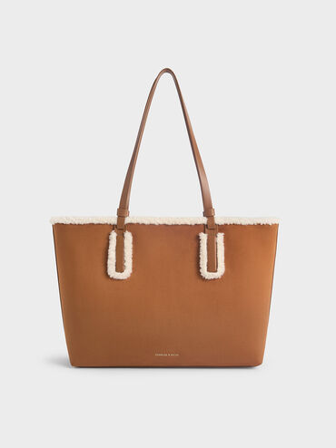 Noelle Faux Suede Fur-Trim Tote Bag, Brown, hi-res