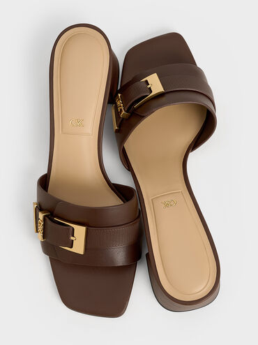 Whitney Leather Buckled Block-Heel Mules, Dark Brown, hi-res