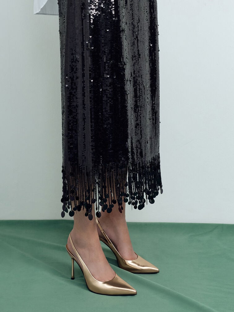Metallic Leather Slingback Stiletto Pumps, Gold, hi-res