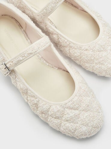 Carmel Tweed Quilted Buckled Mary Jane Flats, White, hi-res