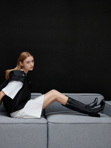 Block-Heel Knee-High Biker Boots, Black, hi-res