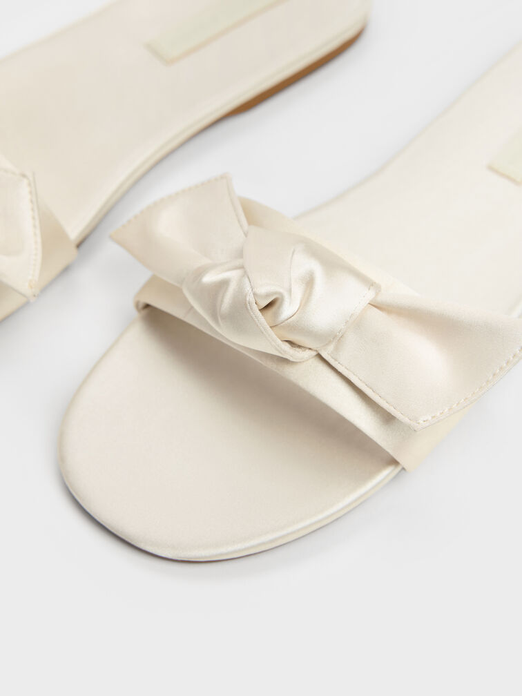 Anika Satin Knot-Bow Slide Sandals, Chalk, hi-res