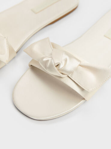 Anika Satin Knot-Bow Slide Sandals, Chalk, hi-res
