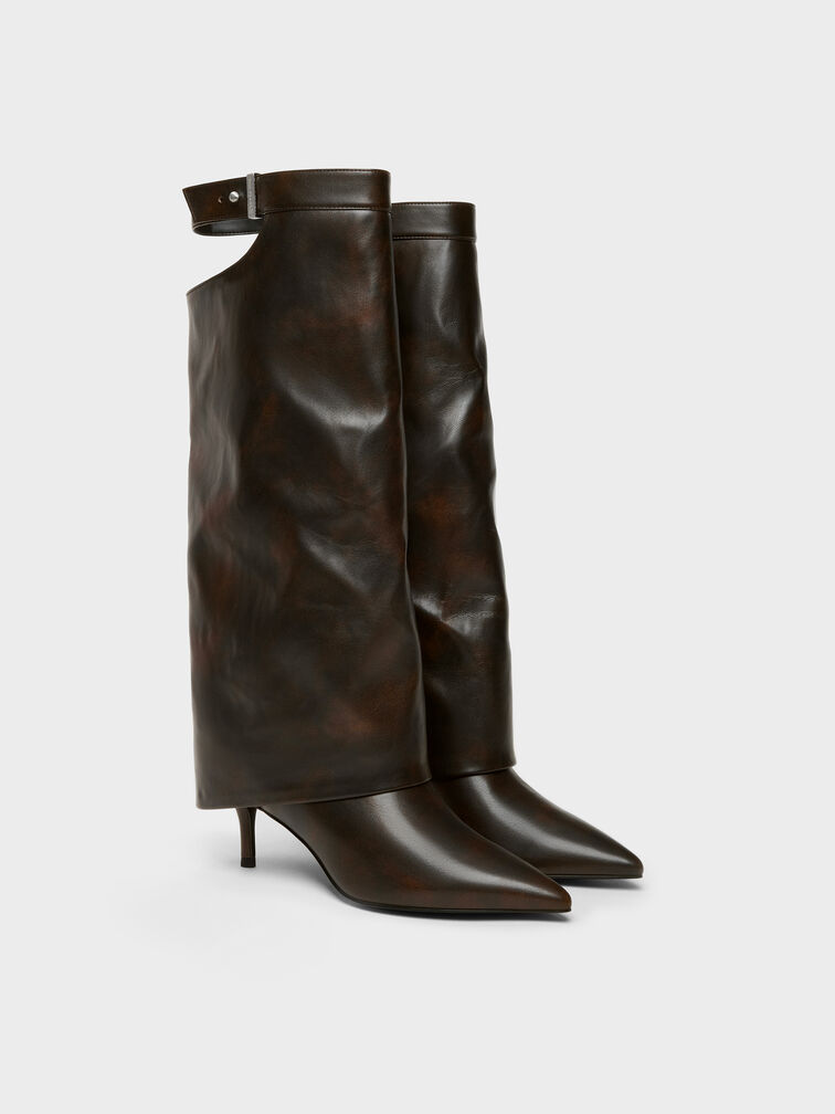 Cut-Out Stiletto Knee-High Boots, Brown, hi-res