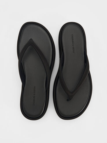 Satin Thong Flatform Sandals, Black Textured, hi-res
