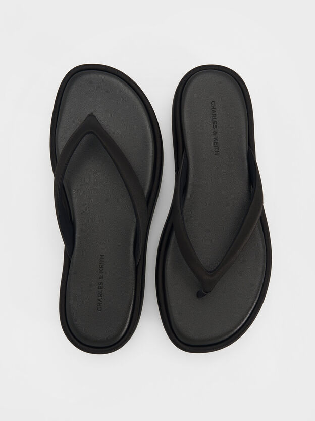 Satin Thong Flatform Sandals, Black Textured, hi-res