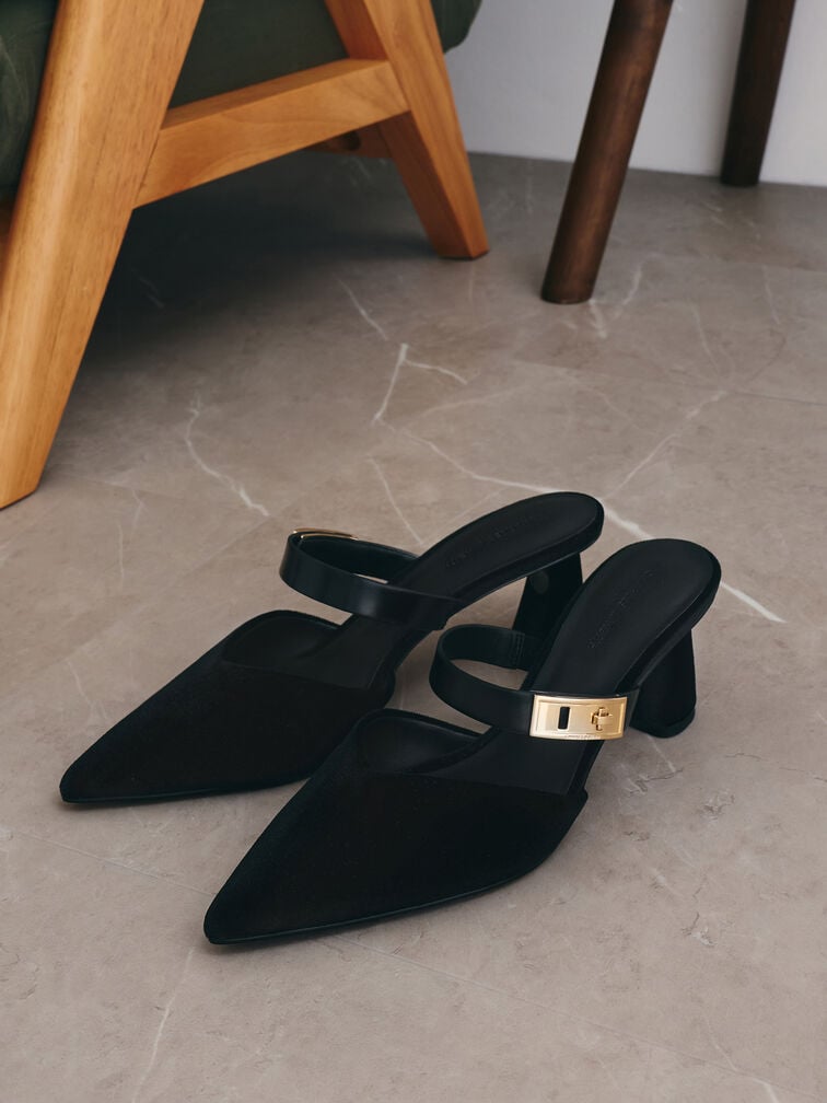 Lando Velvet Pointed-Toe Metallic-Buckle Heeled Mules, Black Textured, hi-res