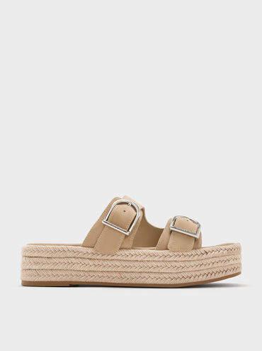 Faux Suede Double-Strap Espadrille Flatform Sandals, Sand, hi-res