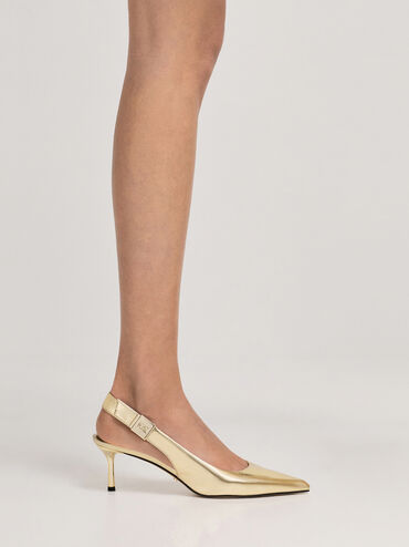 Cody Metallic Leather Pointed-Toe Kitten-Heel Slingback Pumps, Gold, hi-res