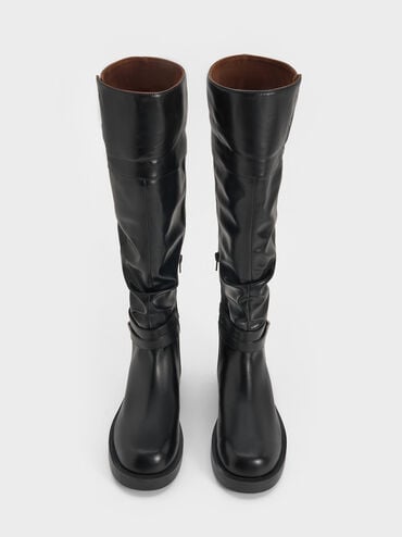 Ellis Ruched Buckled Fold-Over Thigh-High Boots, Black, hi-res