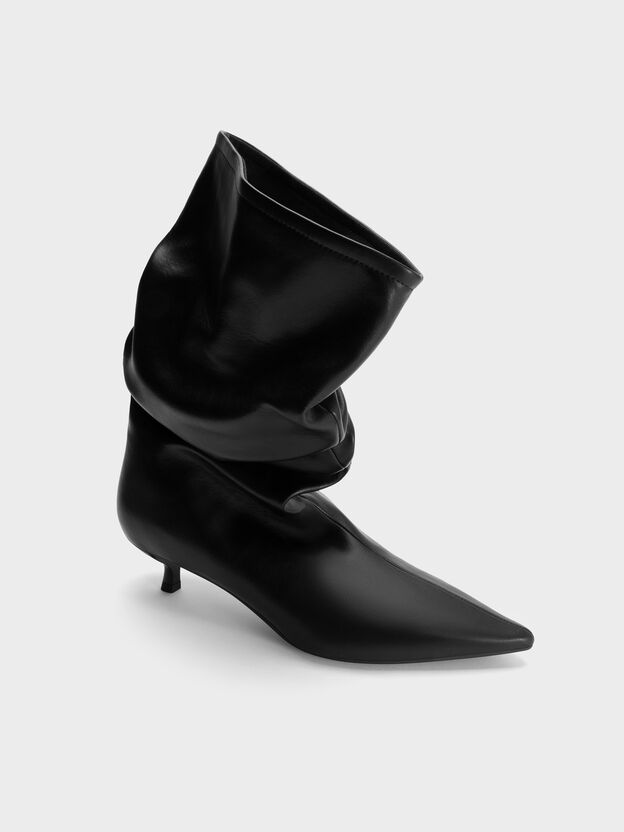 Ruched Kitten-Heel Calf Boots, Black, hi-res