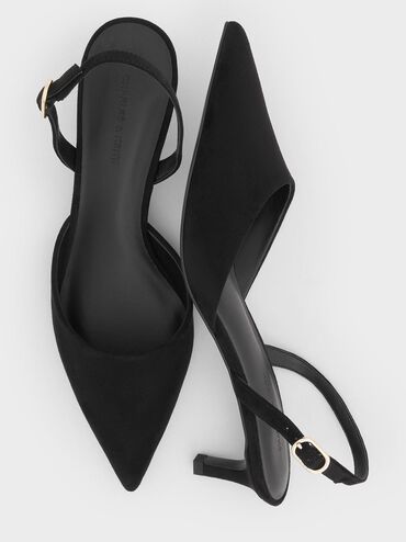 Faux Suede Pointed-Toe Slingback Kitten Heels, Black Textured, hi-res