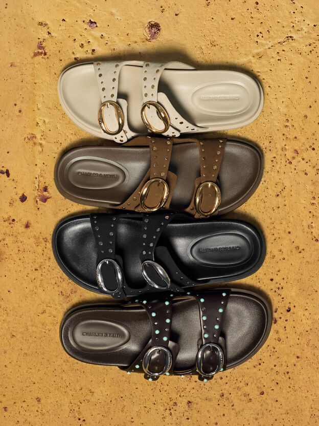 Studded Buckled Double-Strap Slides, Black, hi-res