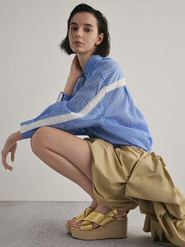 Metallic Crossover Espadrille Wedges, Gold, hi-res