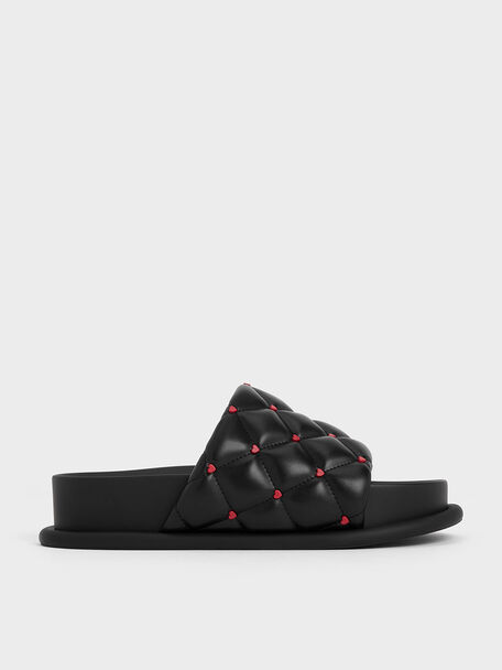 Dahlia Padded Quilted Heart-Print Sandals, Black, hi-res