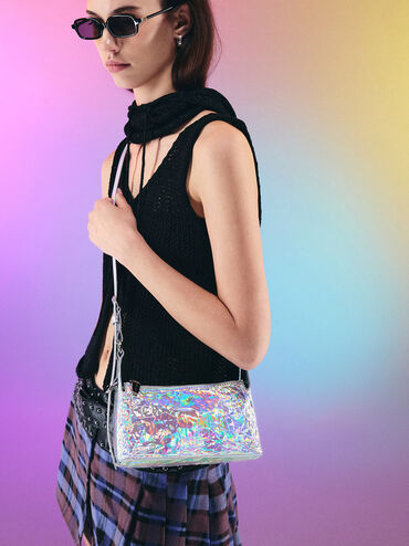 Lark Holographic Crinkle-Effect Shoulder Bag, Prism Silver, hi-res