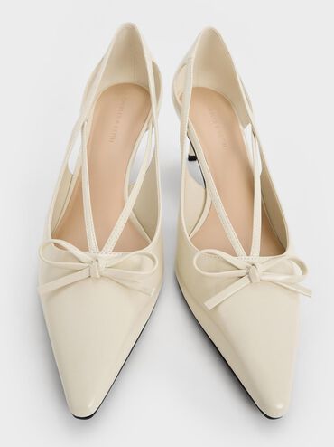 Patent Cut-Out Bow Kitten-Heel Pumps, Chalk, hi-res