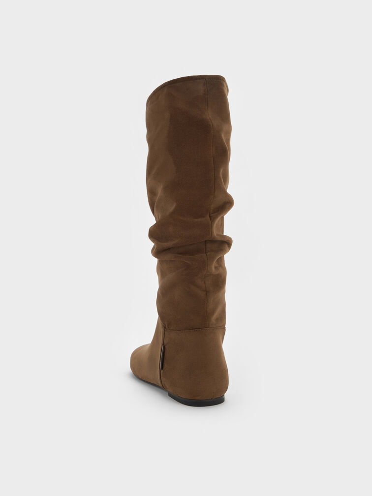 Faux Suede Ruched Knee-High Boots, Brown, hi-res