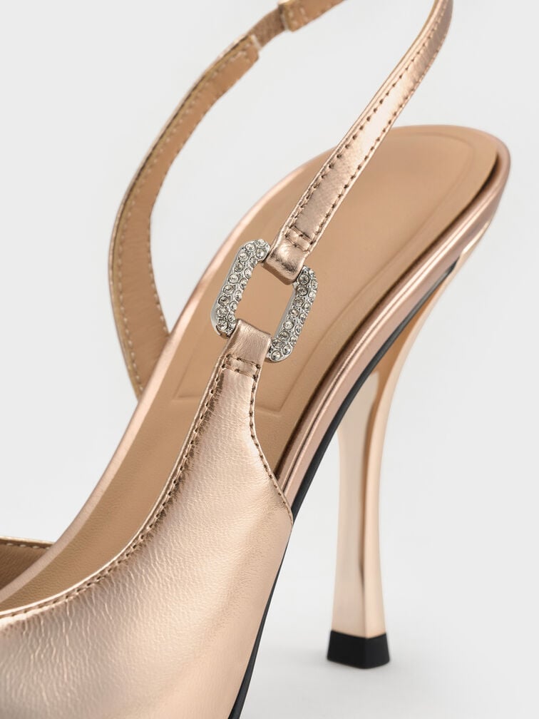 Metallic Leather Crystal-Buckle Slingback Pumps, Bronze, hi-res