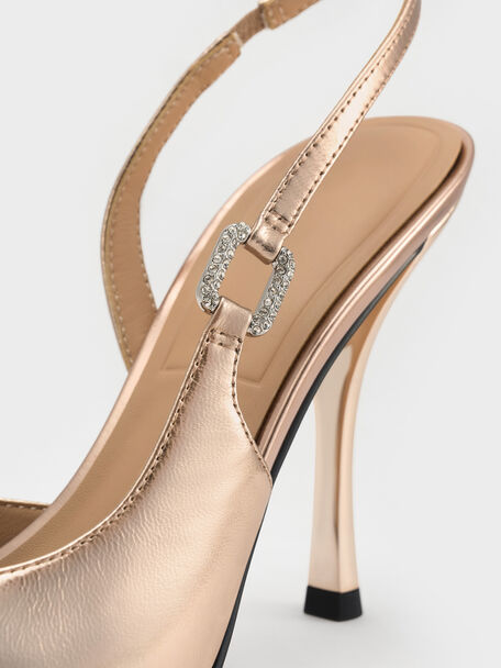 Metallic Leather Crystal-Buckle Slingback Pumps, Bronze, hi-res