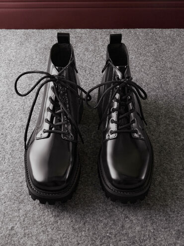 Ridged-Sole Side-Zip Combat Boots, Black Box, hi-res