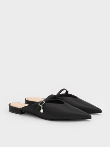 Satin Teardrop-Crystal Flat Mules, Black Textured, hi-res
