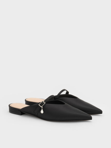 Teardrop-Crystal Flat Mules, Black Textured, hi-res