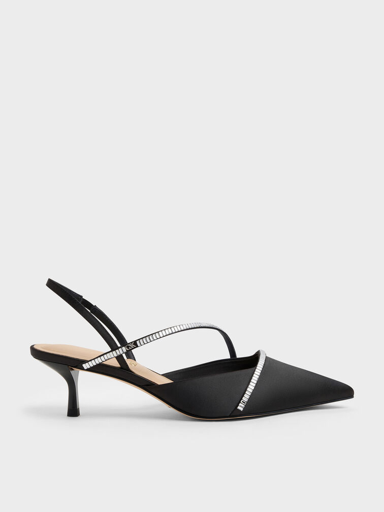 Gem Slingback Kitten Heels, Black Textured, hi-res