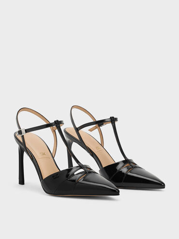 Leather T-Bar Pointed-Toe Pumps, Black Box, hi-res