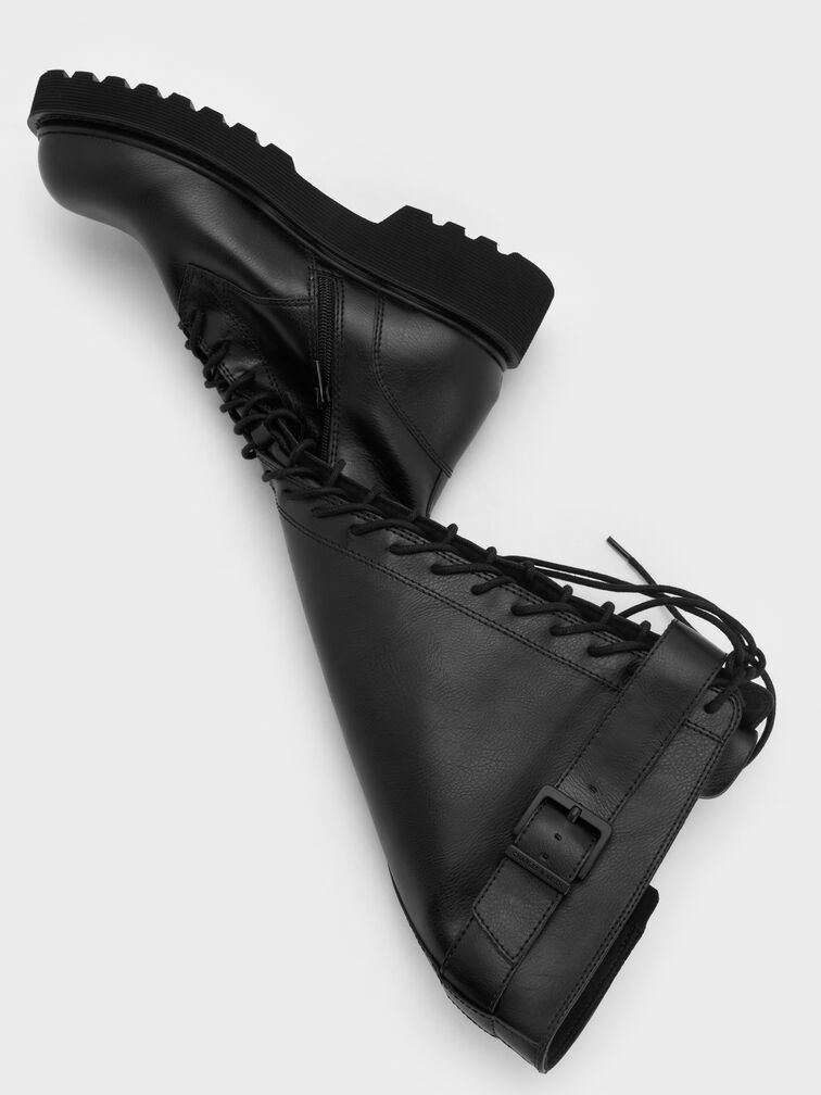 Darian Lace-Up Buckle-Strap Knee-High Boots, Black, hi-res