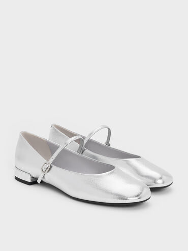 Gertrude Metallic Round-Toe Mary Janes, Silver, hi-res