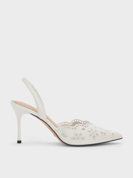 Leather Embroidered Pointed Slingback Pumps, White, hi-res