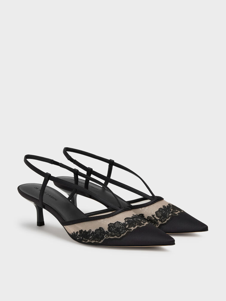 Satin Embroidered-Mesh Slingback Kitten Heels, Black Textured, hi-res